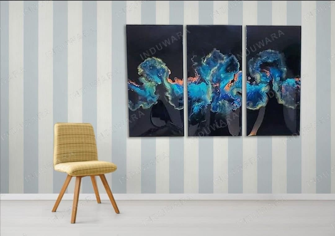 Ocean Bloom Triptych — Resin & acrylic pour on canvas, set of 3